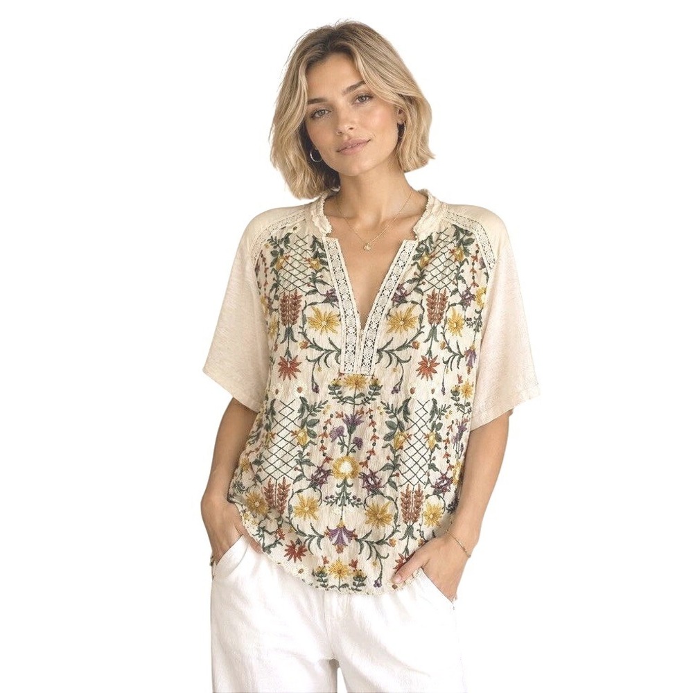 Anthropologie TINY Floral Embroidered Lace Trim Cream Blouse Boho Top XL
